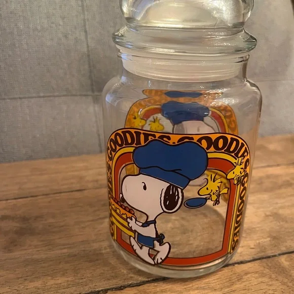 Vintage Snoopy Glass Cookie Jar with Blue and Orange Design - Picture 2 of 8
